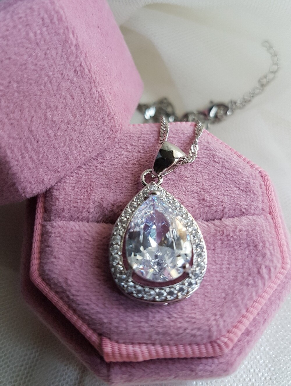 Swarovski Elements 925 Sterling Silver Large White Teardrop Halo Necklace NEW - Picture 7 of 12